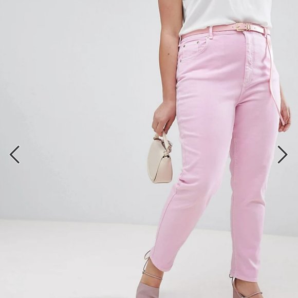 ASOS DESIGN Curve high rise farleigh 'slim' mom jeans in washed pink - Picture 1 of 3